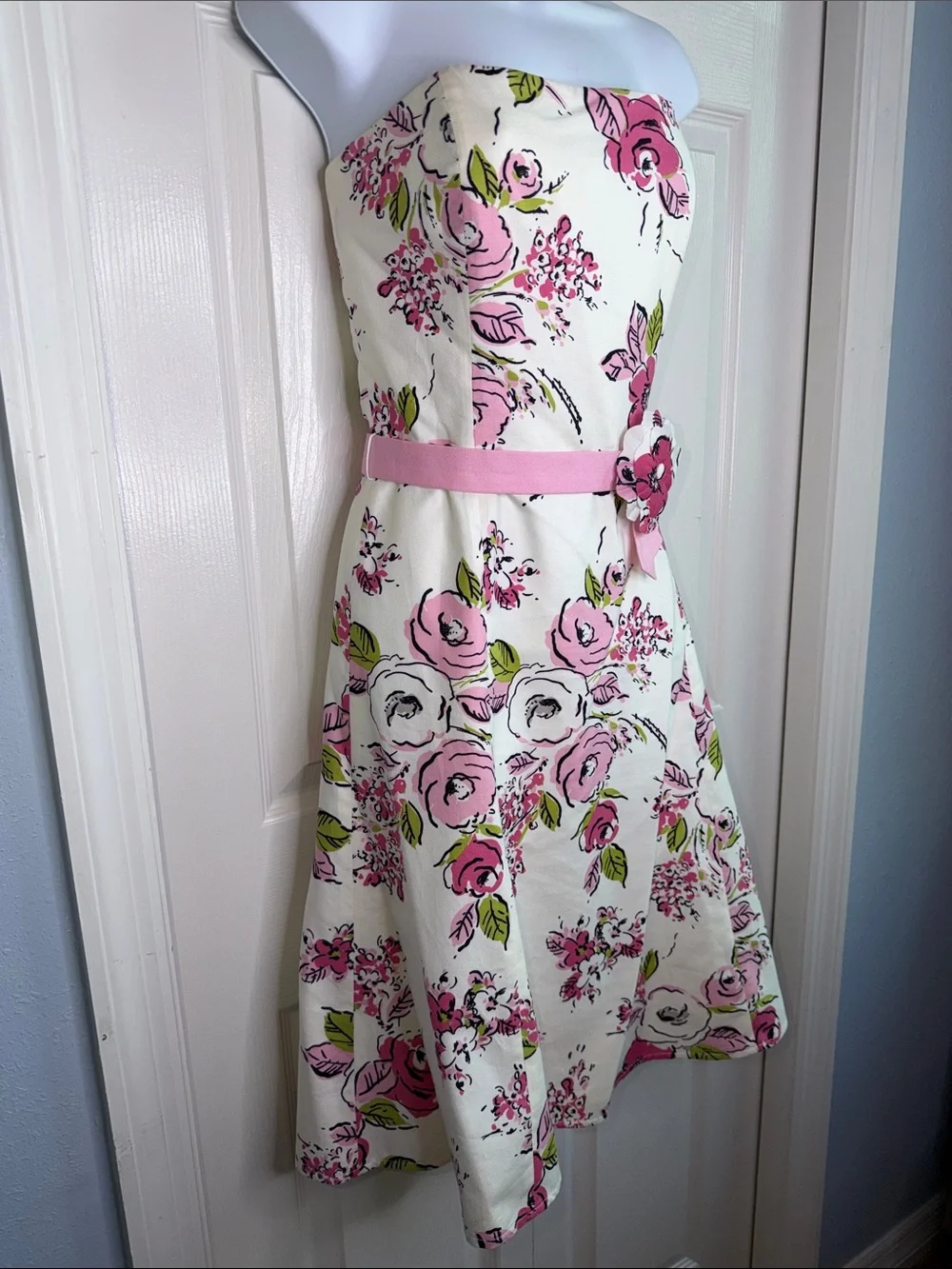 VINTAGE LOFT Cream Pink Green Floral Strapless Fit & Flare Dress Silk Cotton 4